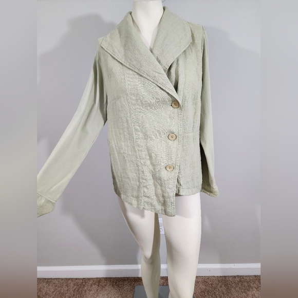 FLAX Linen Jacket Women Small Sage Green Button Front Lagenlook Artsy Minimalist - Picture 4 of 16